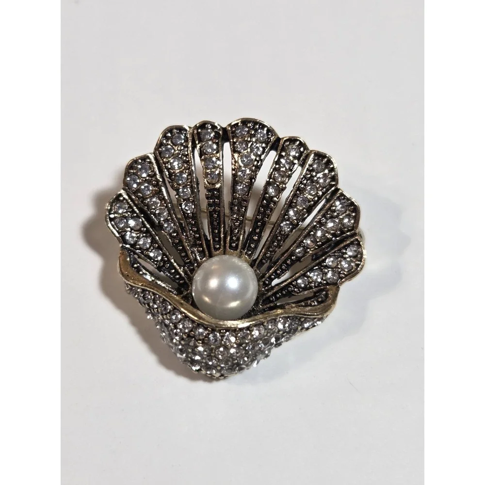 Rhinestone Pearl Seashell Gold-Tone Brooch